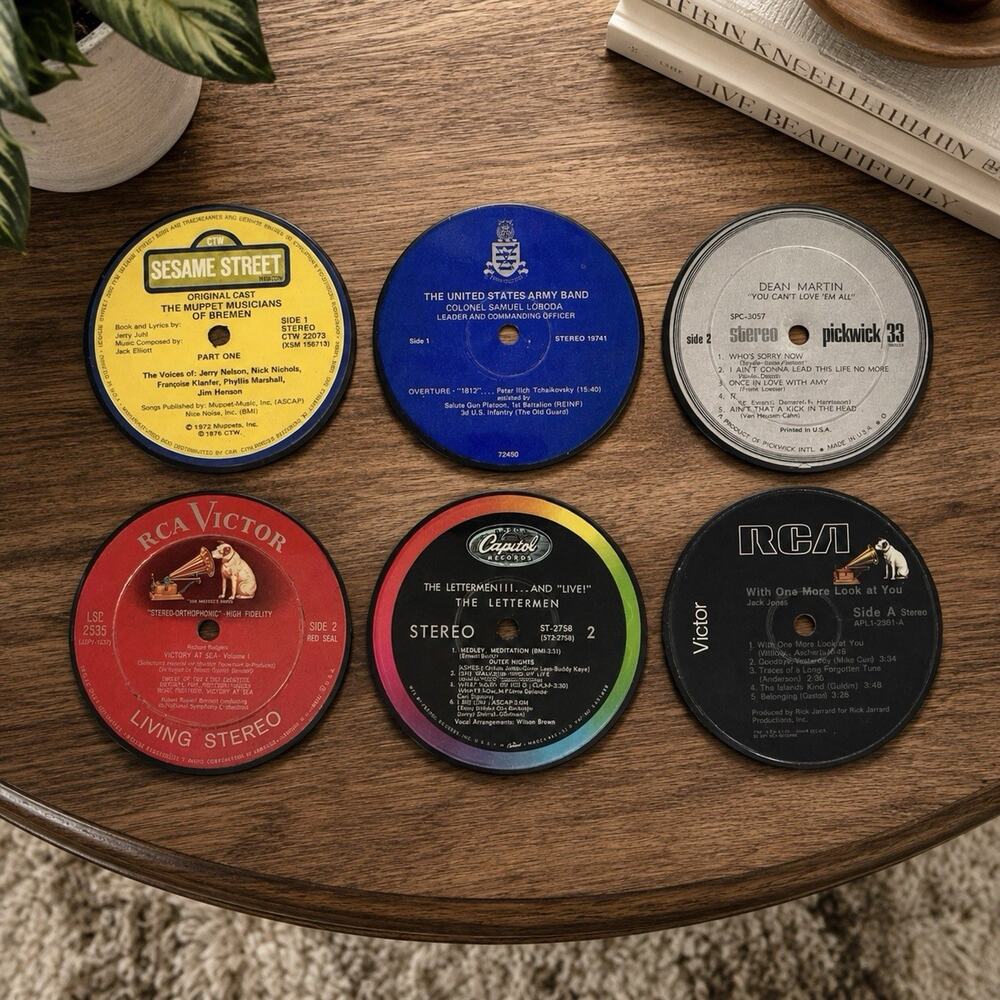 Vintage Vinyl Record Coasters Set of 6 Real LP Labels Upcycled Retro Music 4.25”